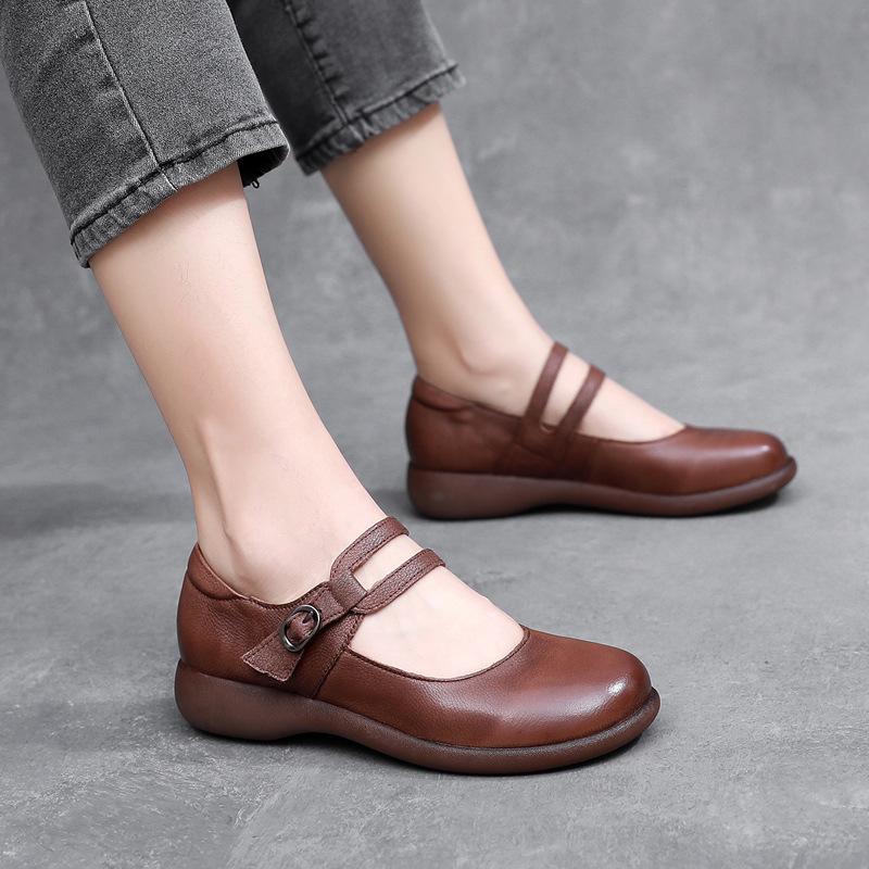 Fashion GKTINOO Leather Shoes Women Mary Janes Genuine Leather Women's Shoes Round Toe Belt Buckle Ladies Casual Flats Large Size