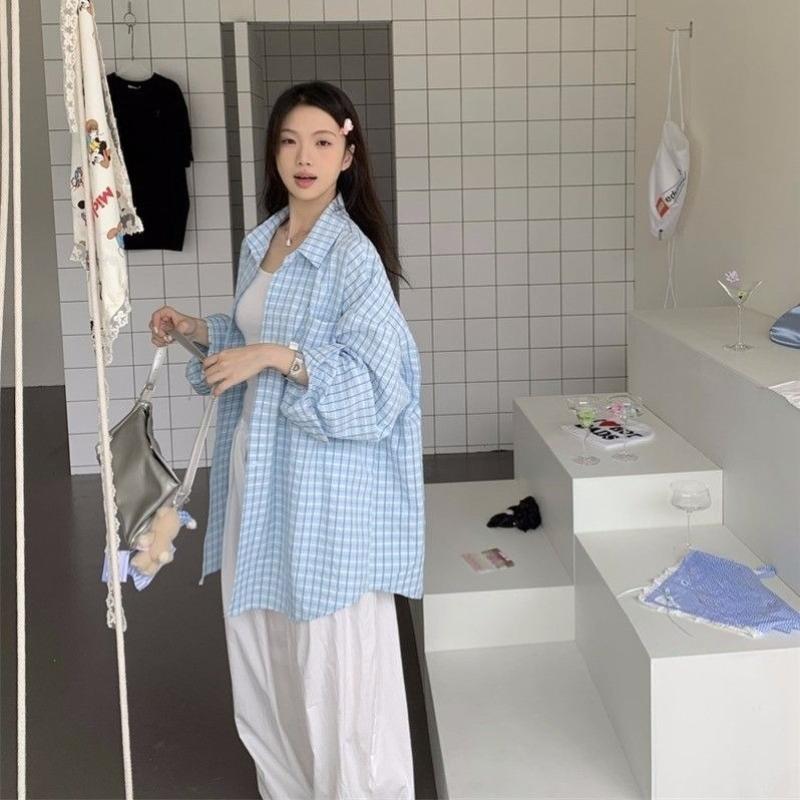 Women's Blue Checkered Long Sleeve Shirt Lapel Collar Casual Blouse Stylish Loose Button Down Shirts Fashion Office Wearing