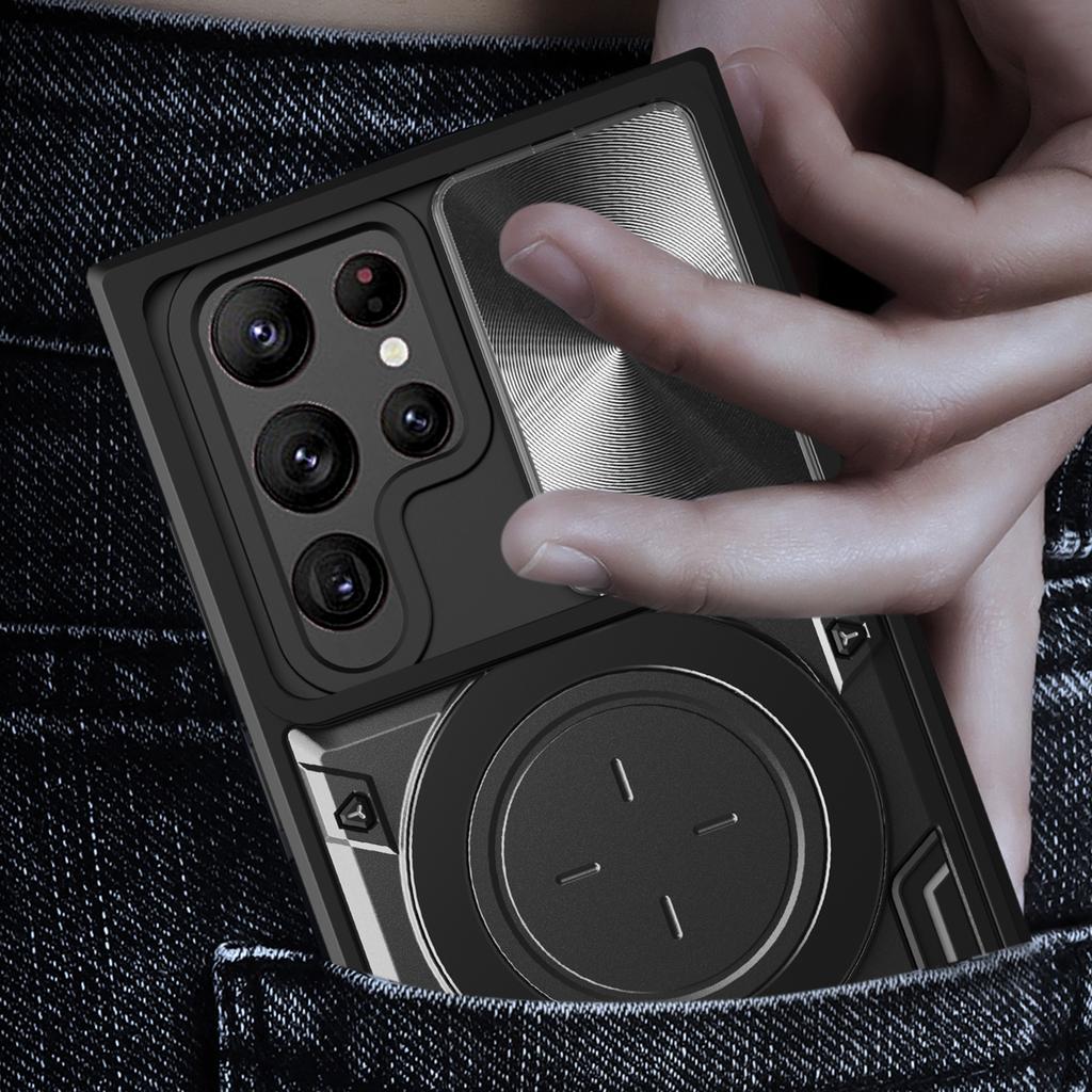 For Samsung Galaxy S22 Ultra 5G Rotatable Kickstand Phone Case Shockproof PC+TPU Cover with Slide Camera Lid