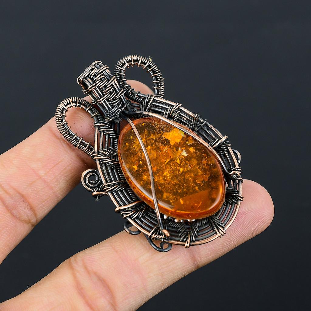 Natural Baltic Amber Gemstone Handmade Copper Wire Wrap Pendant 2.36" l2O86
