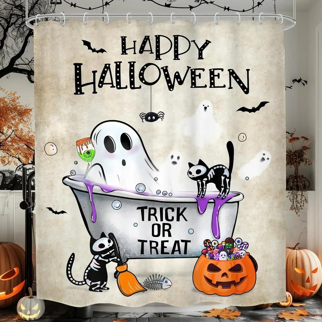 Halloween Scary Spooky Shower Curtain Pumpkin Bat Spider Scary Skeleton Holiday Gift Shower Curtains Bathroom Decor with Hooks