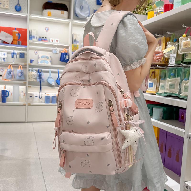 Cute Bear Print Backpack for Girls Teenagers Large Capacity School Bag Lightweight Student Rucksack