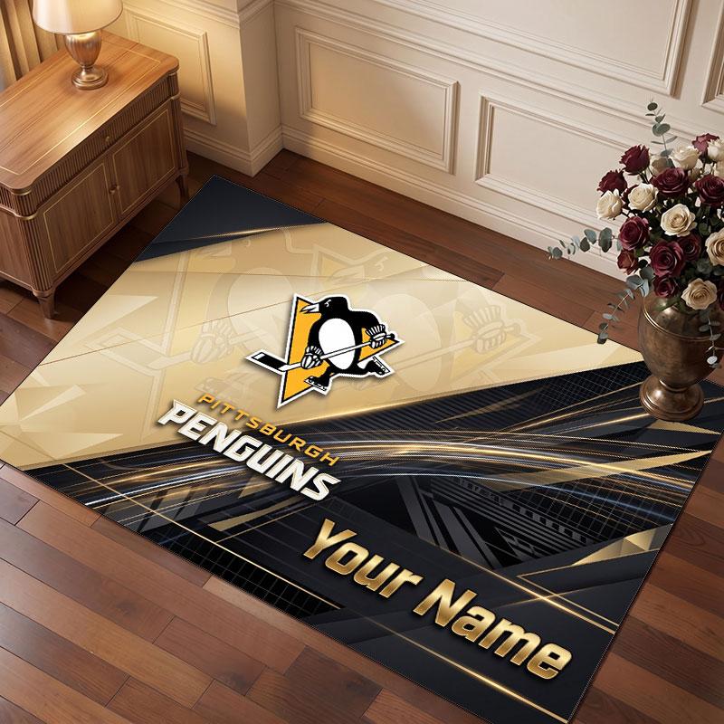 Pittsburgh Penguins Personalized Crystal Velvet Carpet, Customized Name Text Soft Anti‑Slip Rug for Living Room Bedroom