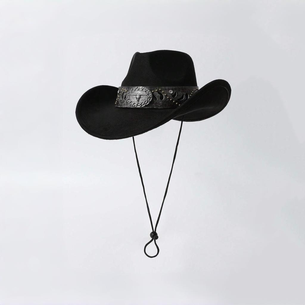 Western cowboy hat for men and women, faux suede, distressed with metal rivets, wide brim, outdoor riding sun protection hat