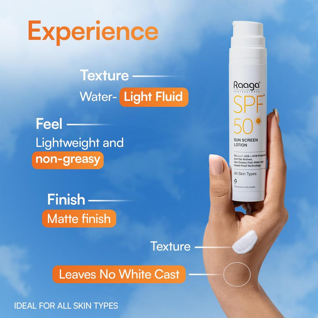 Raaga Professional SPF 50 Sunscreen Lotion PA++++ UVA UVB Protection Non-Greasy Water Proof 55 Ml