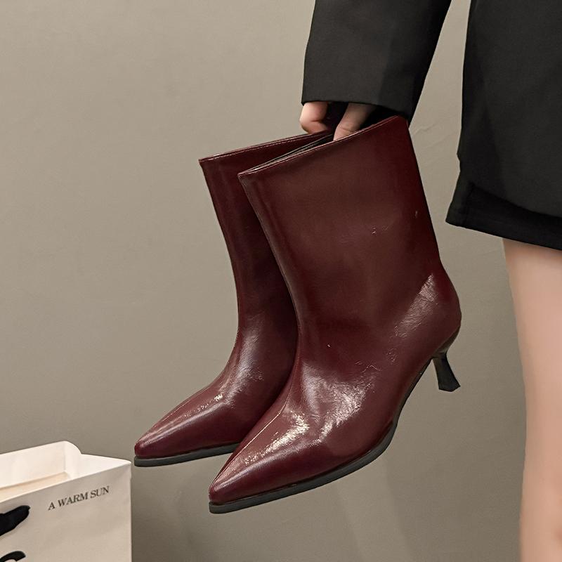 Vinter Tunna Låga Klackar Dam Knähöga Stövlar Mode Spetsig Tå Bröllopsfest Skor Damer Eleganta Slip-On Långa Ankelstövlar