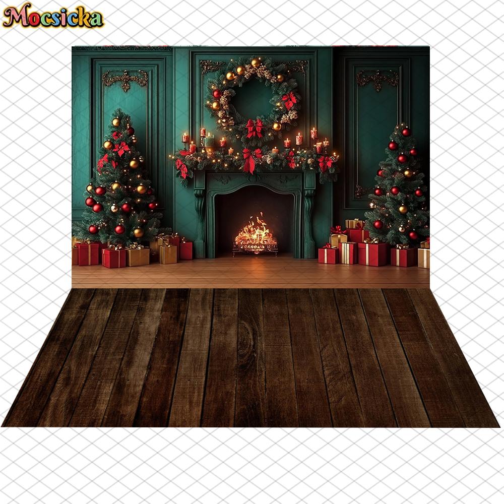 Mocsicka Christmas Photography Backgrounds Tree Decors Family Festival Party Photo Backdrops Green Wall Fireplace Pattern Banner