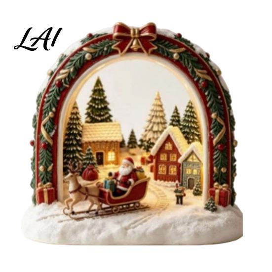 Indoor Winter Wonderland Ornaments Christmas Wooden Tabletop Decor with Warm LED Lights 2D Printed Snow Village Scene Tree Figurines Santa