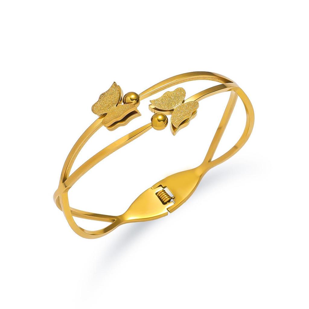 European-American Stainless Steel Butterfly Bracelet with Gold Edge - Fashionable Women's Openable Jewelry