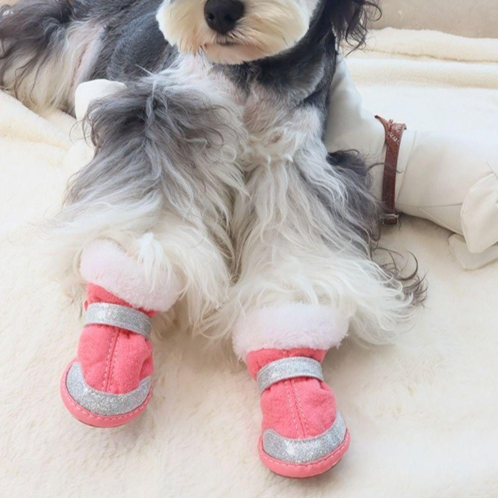 4Pcs/Set Waterproof Winter Dog Shoes Thickened Soft Sole Anti-slip Dog Shoes Adjustable Warm Pet Snow Boots Outdoor Indoor