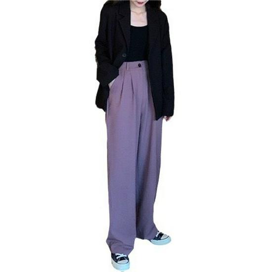 Korean Style Black Drapey High-Waisted Wide-Leg Suit Pants - 2024 Spring/Autumn