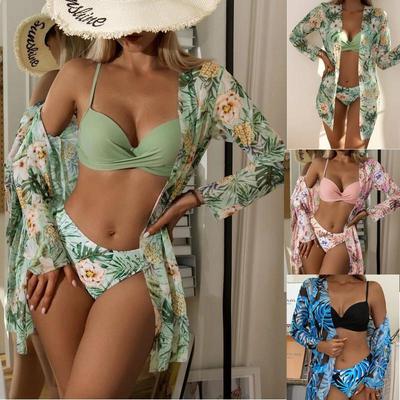 3 stk./sæt Print Badebadedragt Push Up Badetøj Kvinder Bikini Sæt Lange Ærmer Kvinde Badedragt Svømmetøj Cover Up Printet Badedragt Store Størrelser Strandtøj