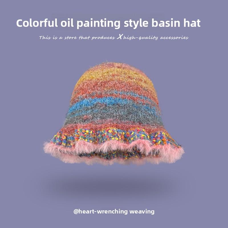 Vintage color striped oil painting wind lotus leaf edge fisherman's hat children autumn and winter warm knitted basin hat tide
