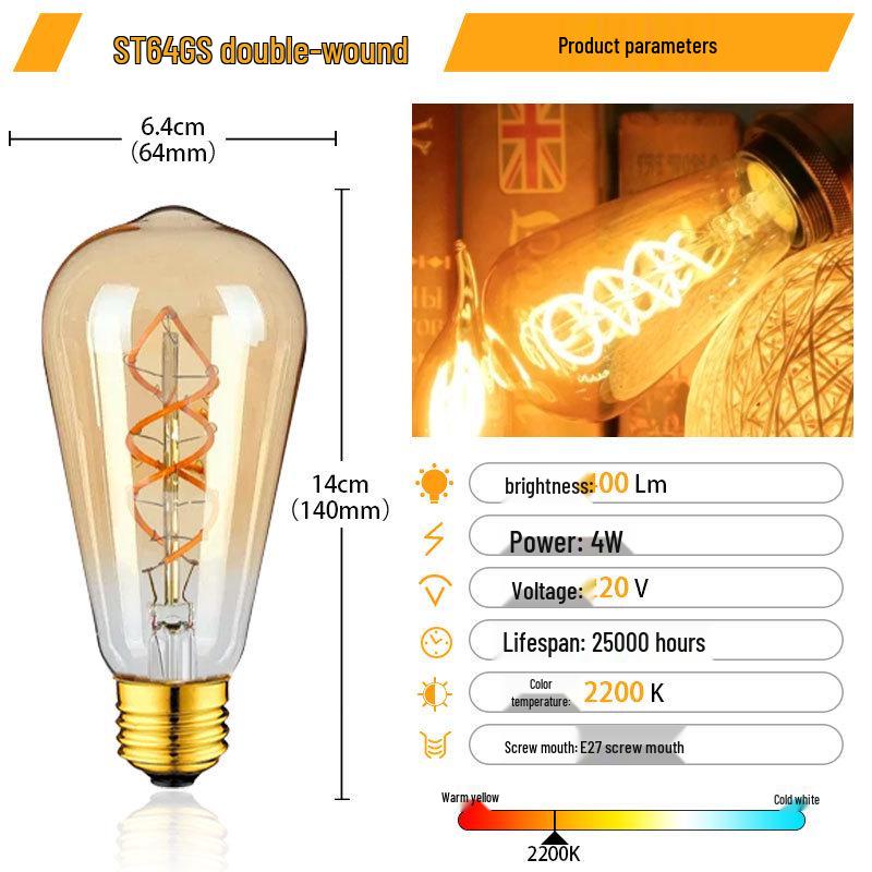 

Винтажная светодиодная лампа Эдисона ST64, цоколь E27, диммируемый теплый желтый свет, лампа с янтарной нитью 2200K (Warm Yellow)