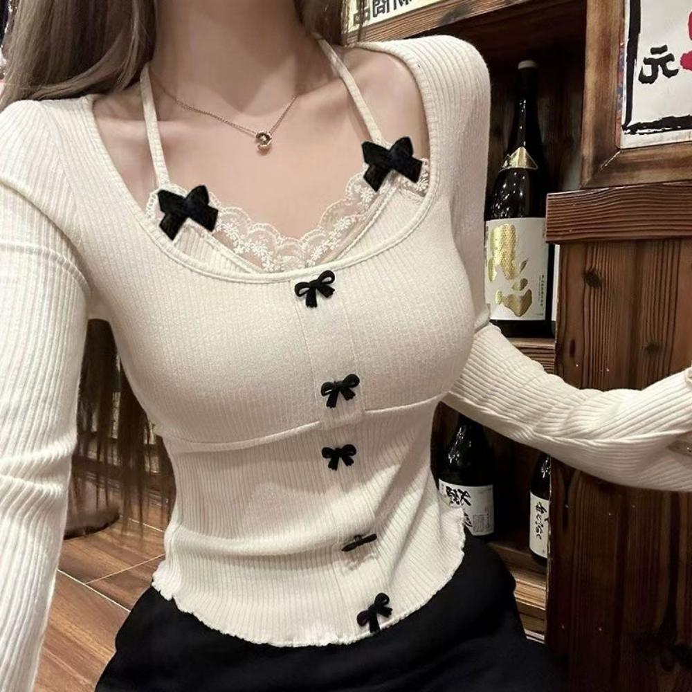 Lace Patchwork Fake Two-piece Bow Hanging Neck Top for Women's New Slim Fit Short Sleeved Knitted Sweater
