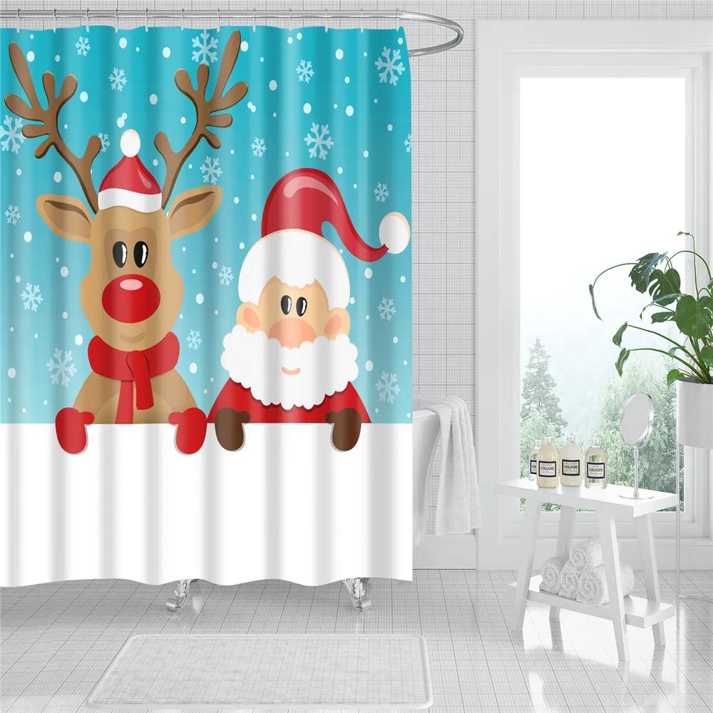 Merry Christmas Shower Curtains New Year Santa Bathroom Decor Bath Curtain Cartoon Snowman Elk Bath Bathroom Curtains
