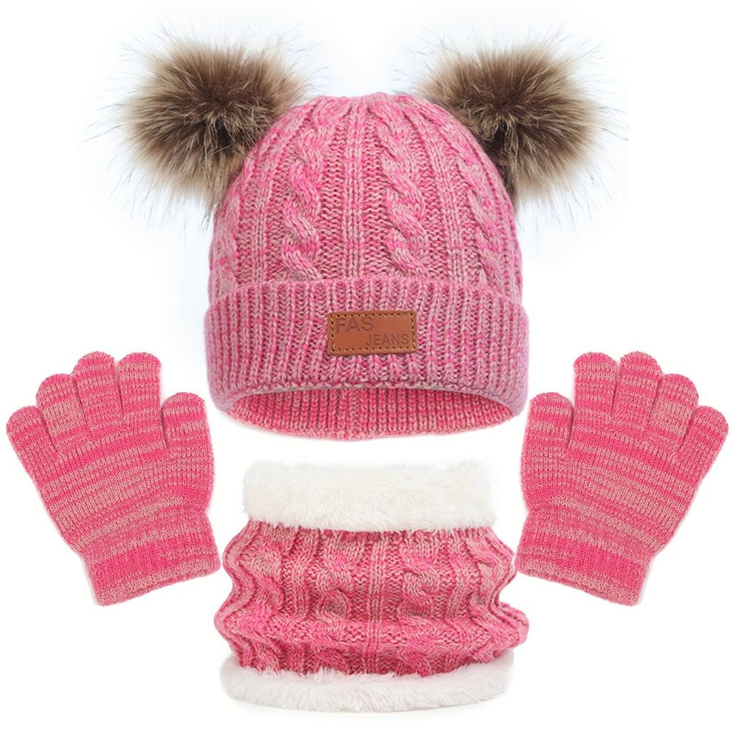 3Pcs/Set  Kids Winter Beanie Hat Scarf Gloves Warm Suit For Children 1-8 Years Old Girls Boy Warm Double Pompoms Knited Cap