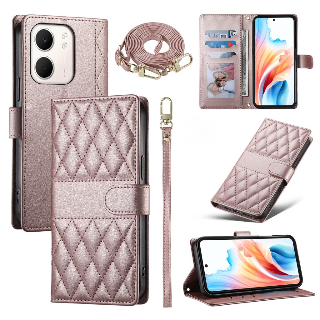 For Oppo A5x 5G/4G Case Rhombus Stitching Wallet Stand Leather Phone Cover with Long/Short Strap