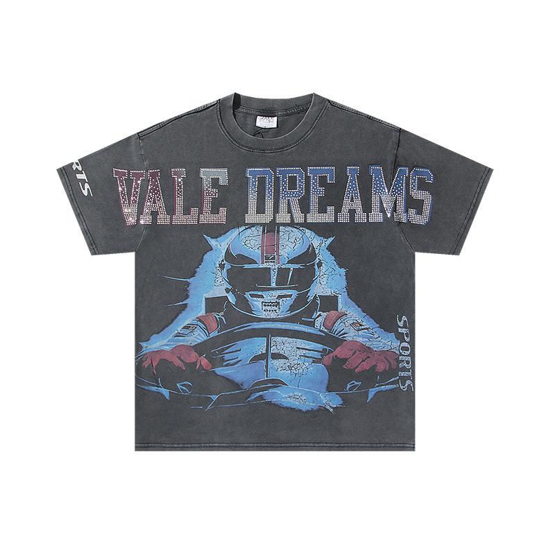 26 Cross-border foreign trade VALL Meichao high street retro washing water old direct injection hot diamond short sleeve pullover men's and women's 