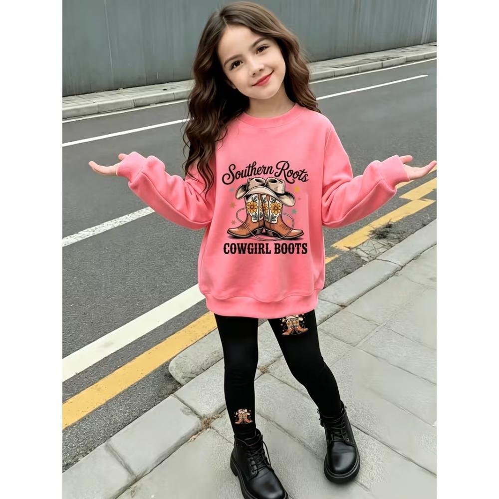 Girls' Cowboy Boots Casual Comfortable Soft Loose Pullover Sweatshirt and Leggings 2-Piece Set, New Autumn/Winter, Playful, Sweet and Cool Style