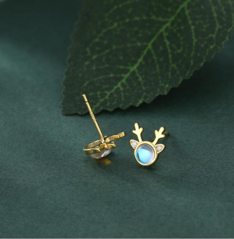 Higu E1015 S925 Silver Moonstone Antler Stud Earrings - New Christmas Trend, Mori Style