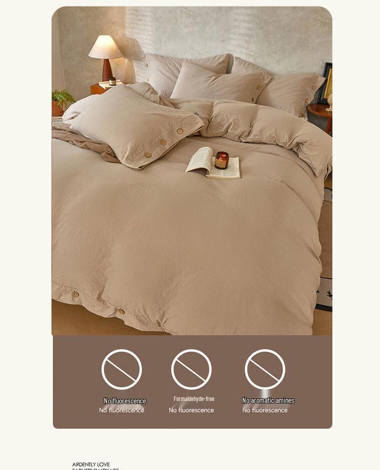Retro Japanese Style Washable Cotton Bedding Set - Plain Stripe, Button Design, 3-Piece