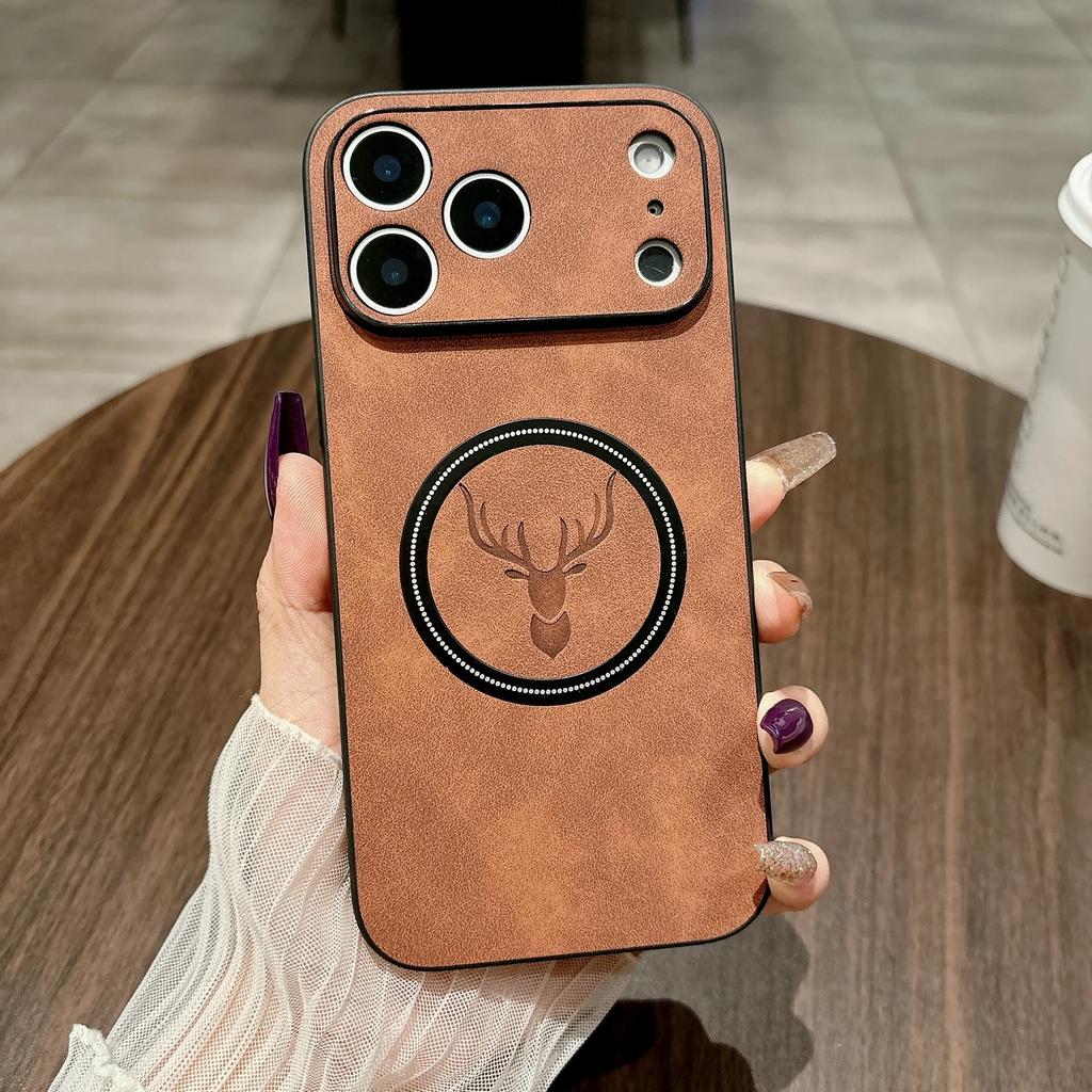Deer Leather For Magsafe Magnetic Case For iPhone 17 Air 16 16E 15 14 Plus 13 12 11 Pro Max Wireless Charge Shockproof Cover