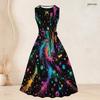 Women Plus Size Two Piece Set Black Multicolor Printed Three Quarter Sleeve Open Cardigan Sleeveless Crew Neck Tie Waist Flared Dress