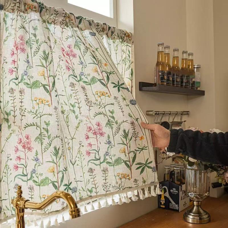 Püskül Kenarlı Modern Çiftlik Evi Şeffaf Kapı Perdesi Çiçek Baskılı Oturma Odası Yemek Odası Kafe