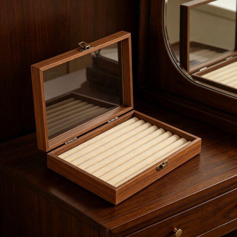 Premium Single-Layer Transparent Jewelry Storage Box - Walnut Color, Large Capacity for Rings, Earrings, and Necklaces, Dustproof Display Tray
