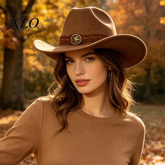 Autumn Winter Warm Fedora Unisex Western Cowboy Hat, Wool Felt Hat with Faux Leather Elegant for Daily Use Band, Retro Wide Brim Cowgirl Men