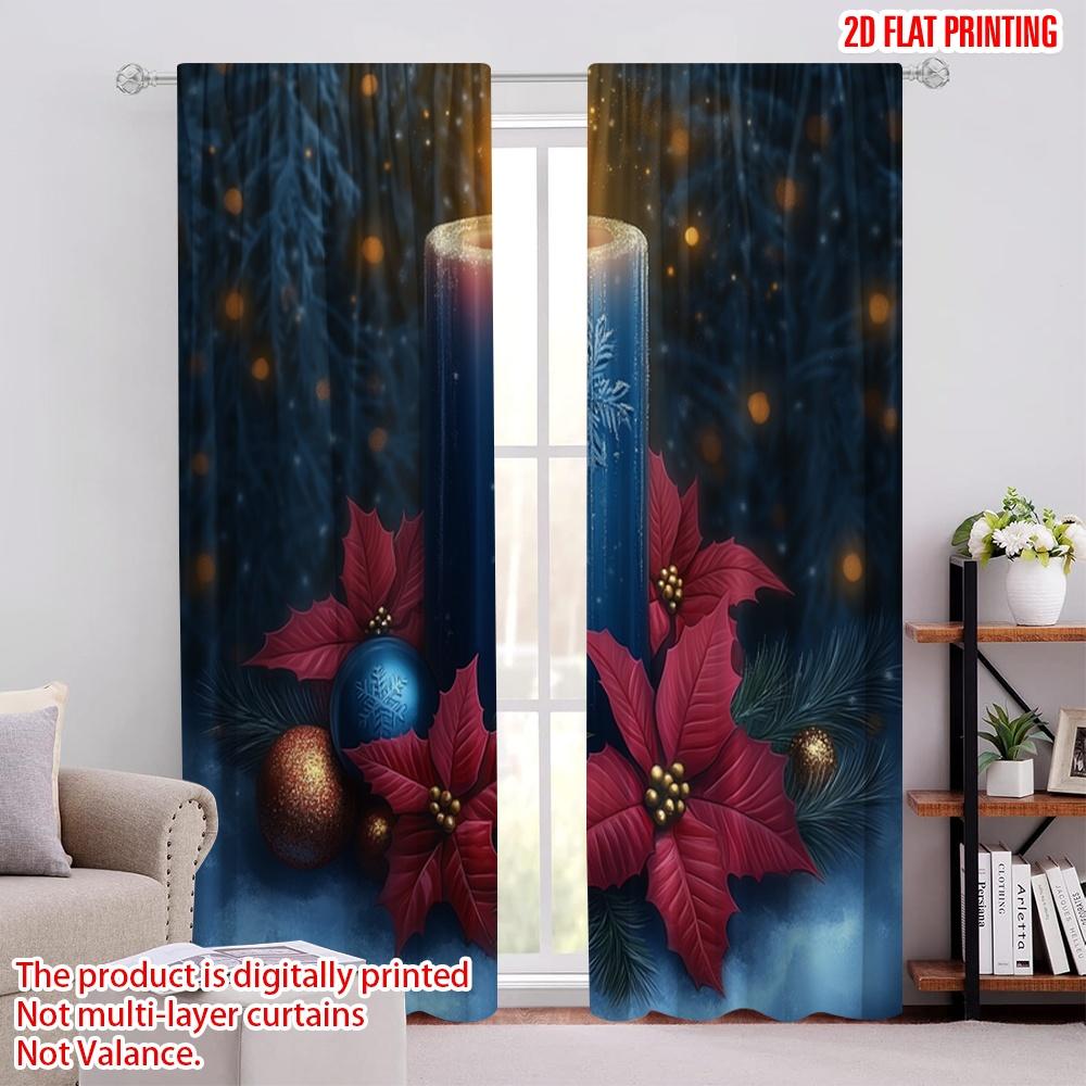 

2pcs,2D plane printing Window Curtain Blue Candle Poinsettia Christmas Ornaments (3) Polyester Fabric (without rod) Versatile 52.50 × 116.00 cm 2 pcs