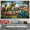 Realistic Dinosaur Birthday Backdrop, Customizable Name Jungle Background with T-Rex & Palm Trees for Boys Room