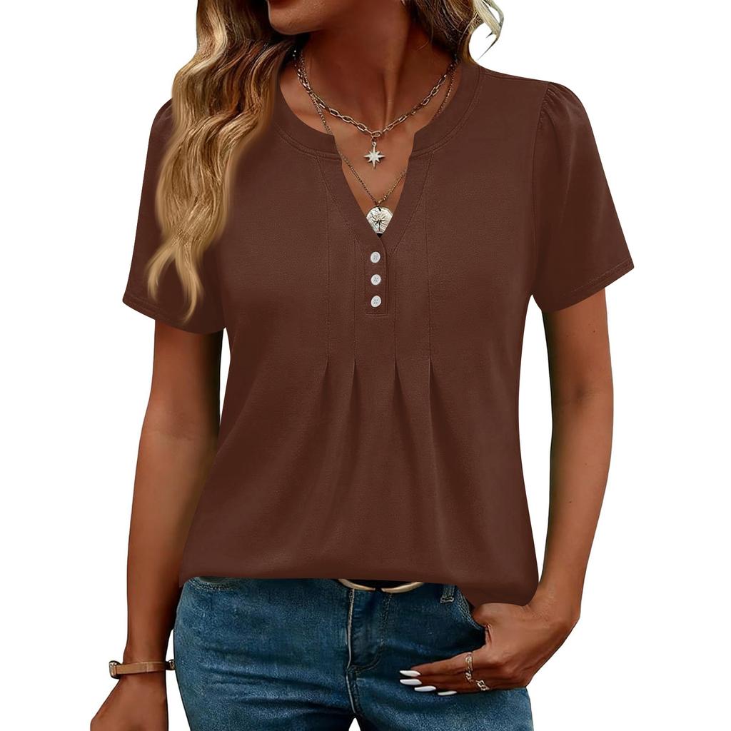 Damen Oberteile Festlich Lässig V-Ausschnitt Kurzarm Hemden Plissierte Blusen Knopfleiste Tunika