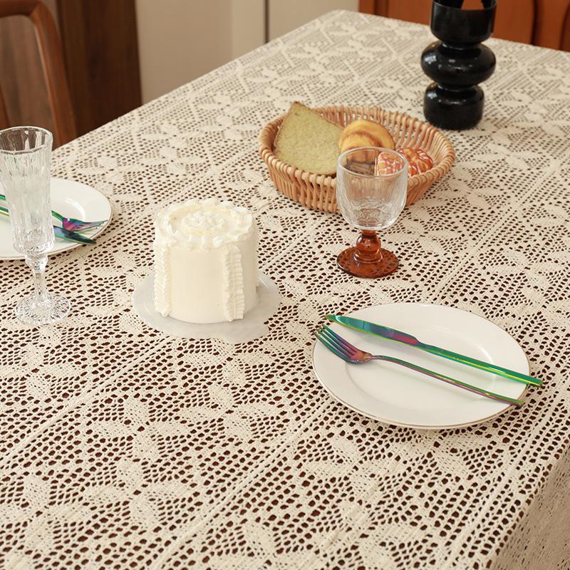 Elegant Retro Pastoral Style Lace Simple Crochet Tablecloth Cotton and Linen Coffee Table Cloth Background Cloth Placemat