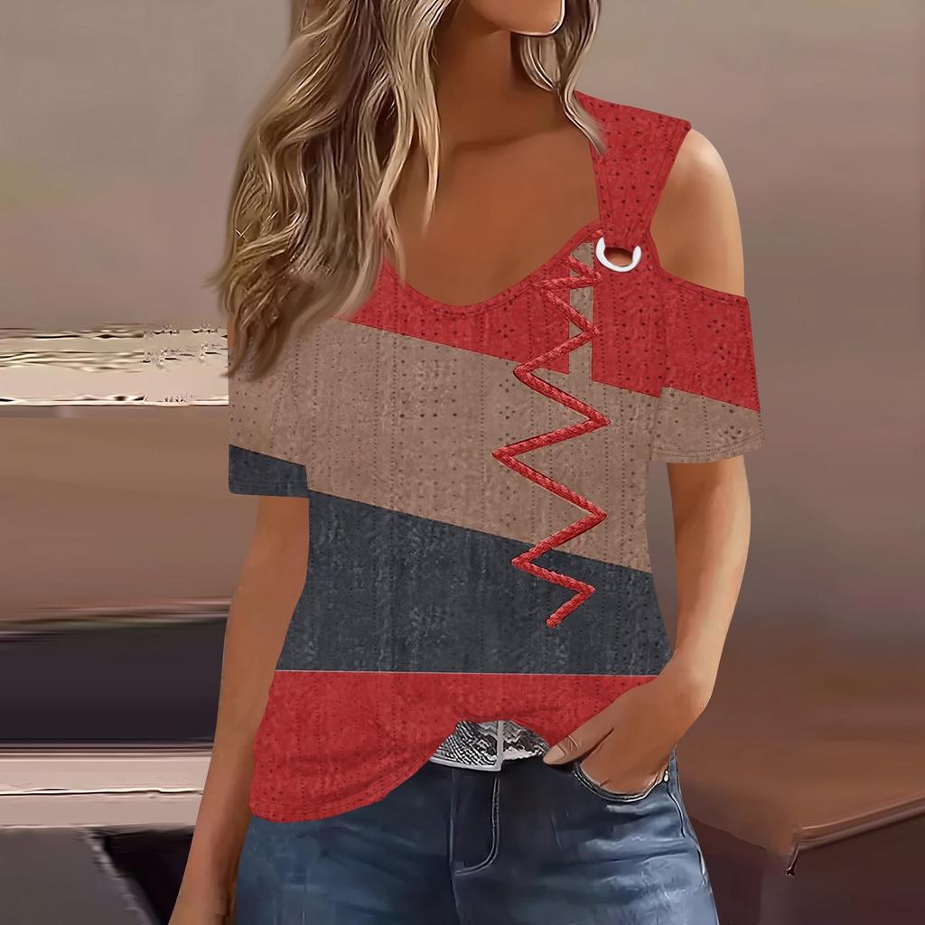 Sexy Cold Sholuder Tops For Women Summer Hollow Out Eyelet Short Sleeve Blouse Loose V Neck Tshirt Trendy Casual Tunics