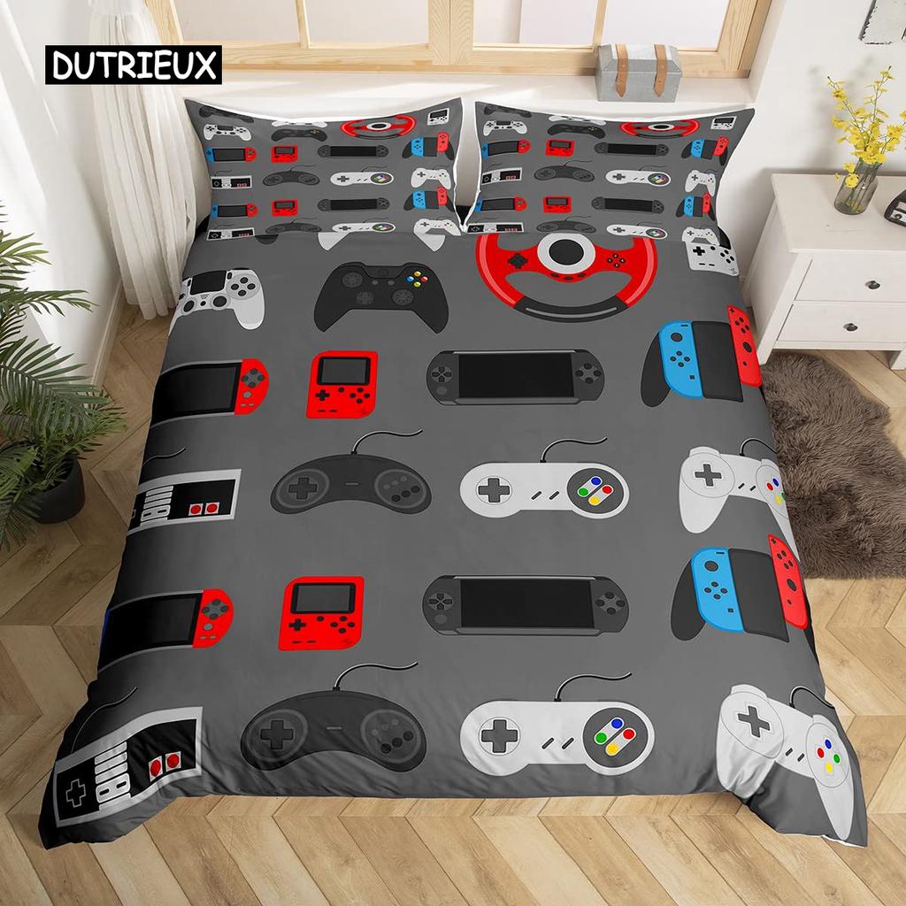 Gamepad Duvet Cover Set Queen Video Game Twin Bedding Set Microfiber Green Cartoon Gamer Pattern Electronic Theme Quilt Cover