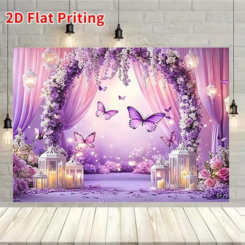 2D Printed Backdrop with Purple Flower Arch, Butterflies, Lanterns and Sheer Curtains