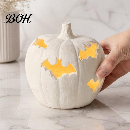 Decorative Yard Figurines Halloween Pumpkin Resin Figurine, Bat Hollow Out Lantern with Atmospheric Night Lighting Warm Light, Spooky Indoor