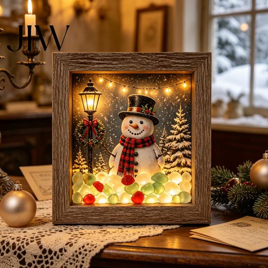 Winter Birthday Present Christmas Snowy Night Light Picture Frame, Vintage Wooden Frame 3D Mini Retro Wood Photo Landscape Lamp, Desktop Atmosphere