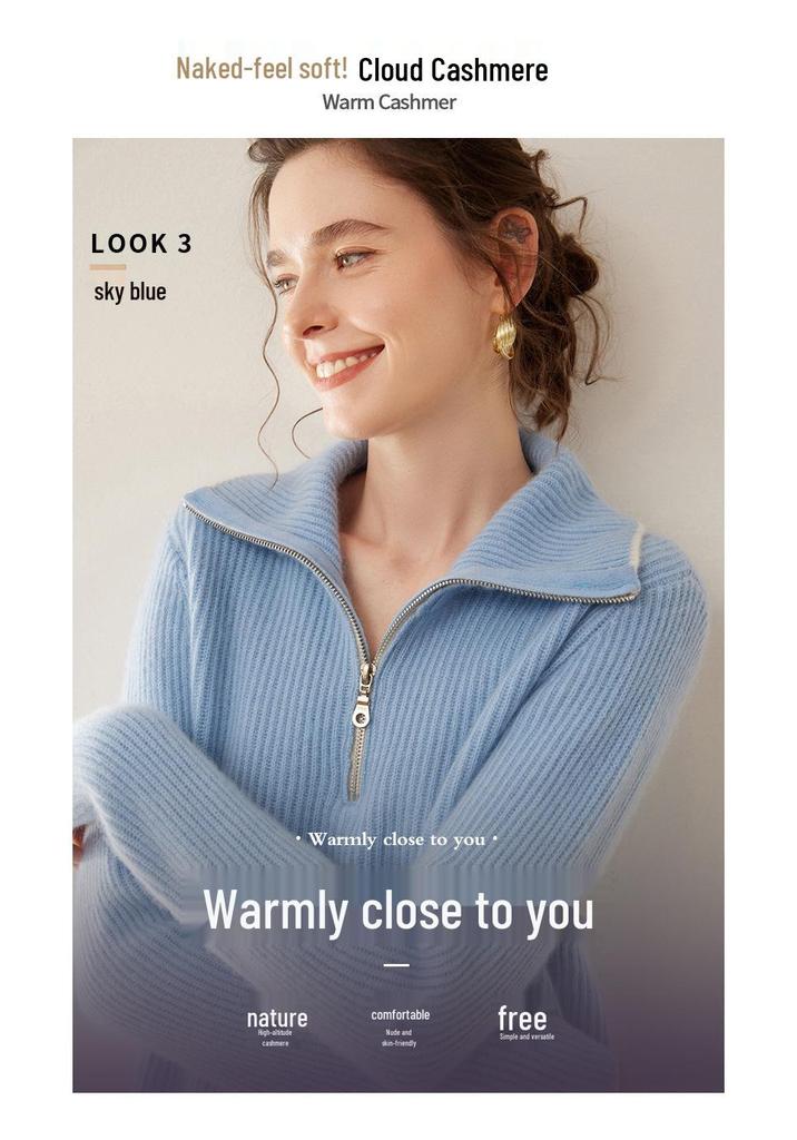 Women's Cashmere Half-Zip High Neck Loose Pullover Sweater