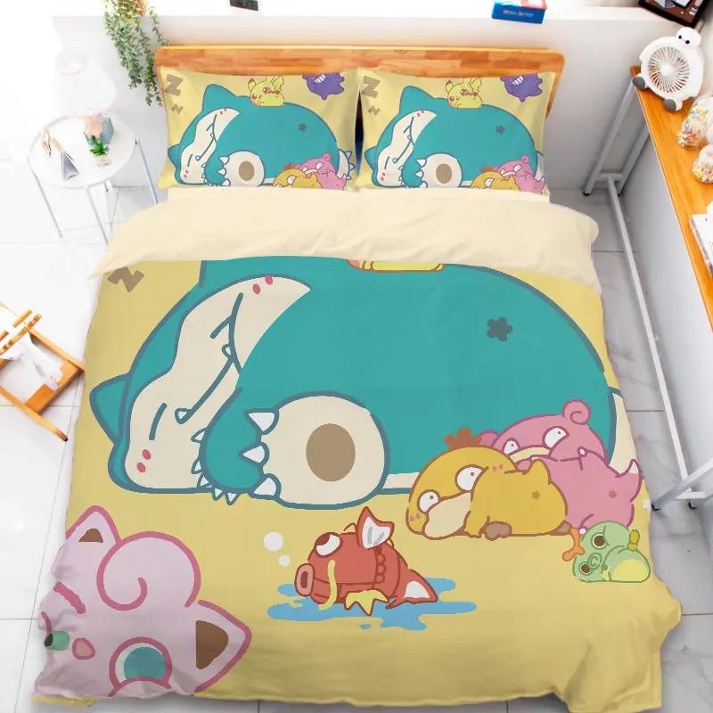 Tecknad Pokemon-inspirerad påslakan set Anime Pikachued Squirtled Eeveed Snorlaxed örngott täcke överdrag sängkläder set Enkel Twin King
