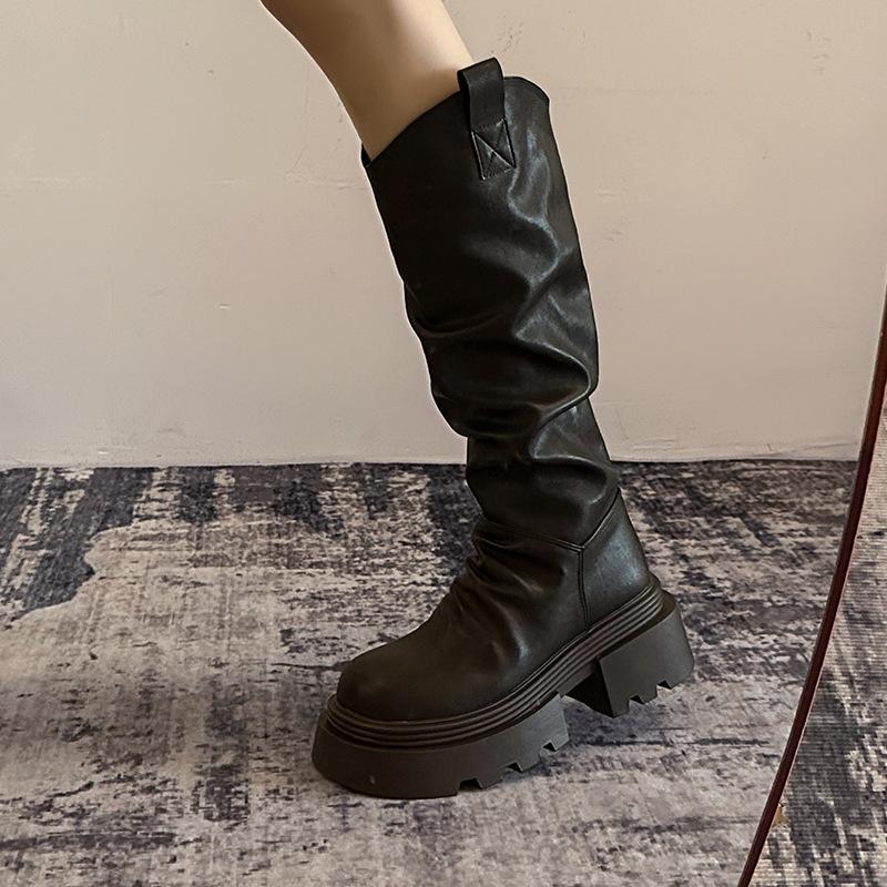 Podzim Zima Platforma Silná Podrážka Dámské Dlouhé Kozačky Módní Nazouvací Boty Vintage Dámské Rytířské Boty