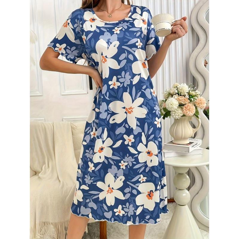 Velká velikost, Kulatý výstřih, Krátký rukáv, Modrý květ meruňky, Domácí oblečení, Noční košile, Šaty, Ležérní, Dámské oblečení s potiskem