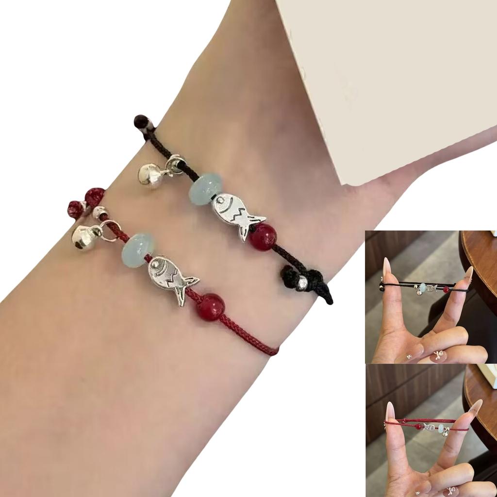 Pack of 2 Fish Charm Braided Bracelets Adjustable Red Black Cord Jewelry Wristband Accessory for Couples Friendship