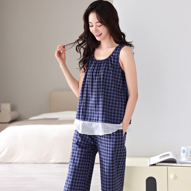 Pajamas Women's Summer Cotton Vest Cropped Pants Thin Summer Women's Casual Plaid Can Be Worn Outside Summer Loungewear