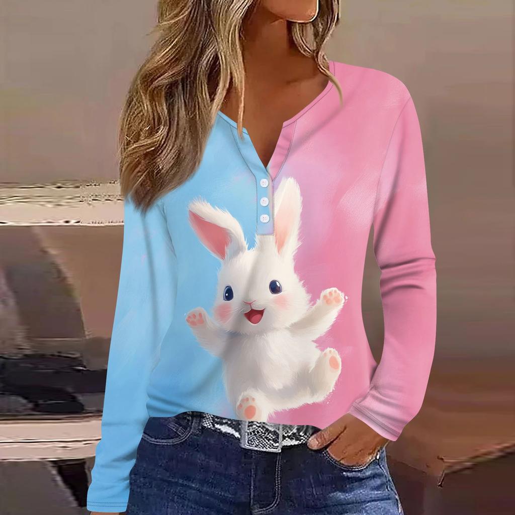 Women's Fashion Casual Printed V-neck Long Sleeve Button Up T-shirt Top