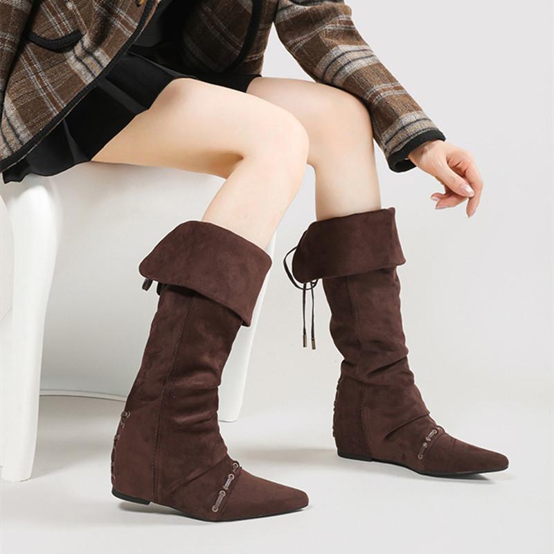 

Fashion Autumn Winter Vintage Faux Suede Women Knee-high Boots Fashion Pleated Wedges Heeled Height Increasing Chelsea Long Boots Shoes 35