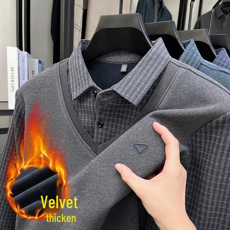 2025 Winter Men's Faux Two-Piece Sweater: New Thick Knit with Shirt Collar and Warm Velvet Layer