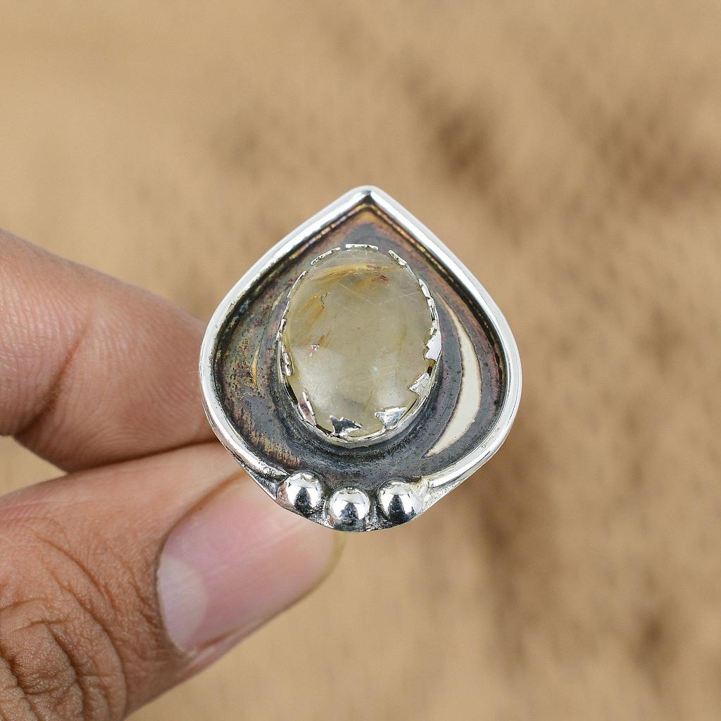 Birthday Gift For Her Natural Golden Rutile Promise Adjustable Ring 925 Silver
